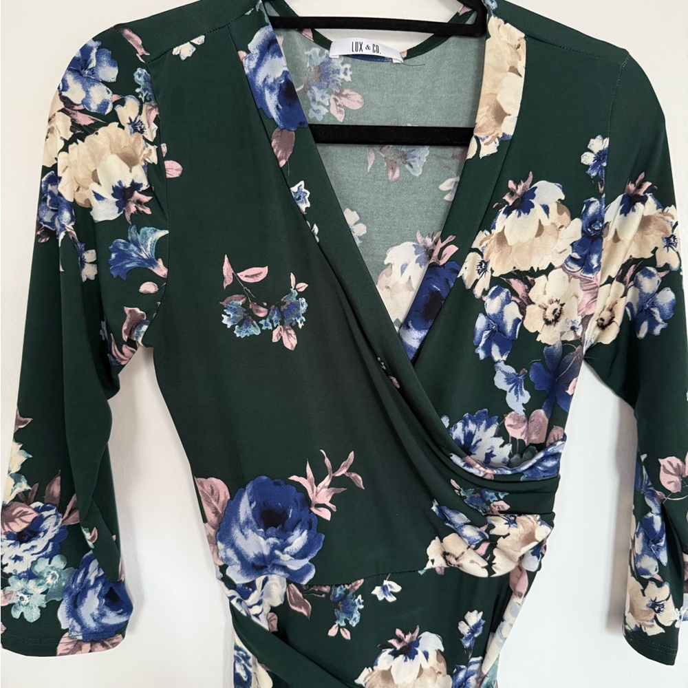 Floral V-Neck Dress in Green with Blue & Purple